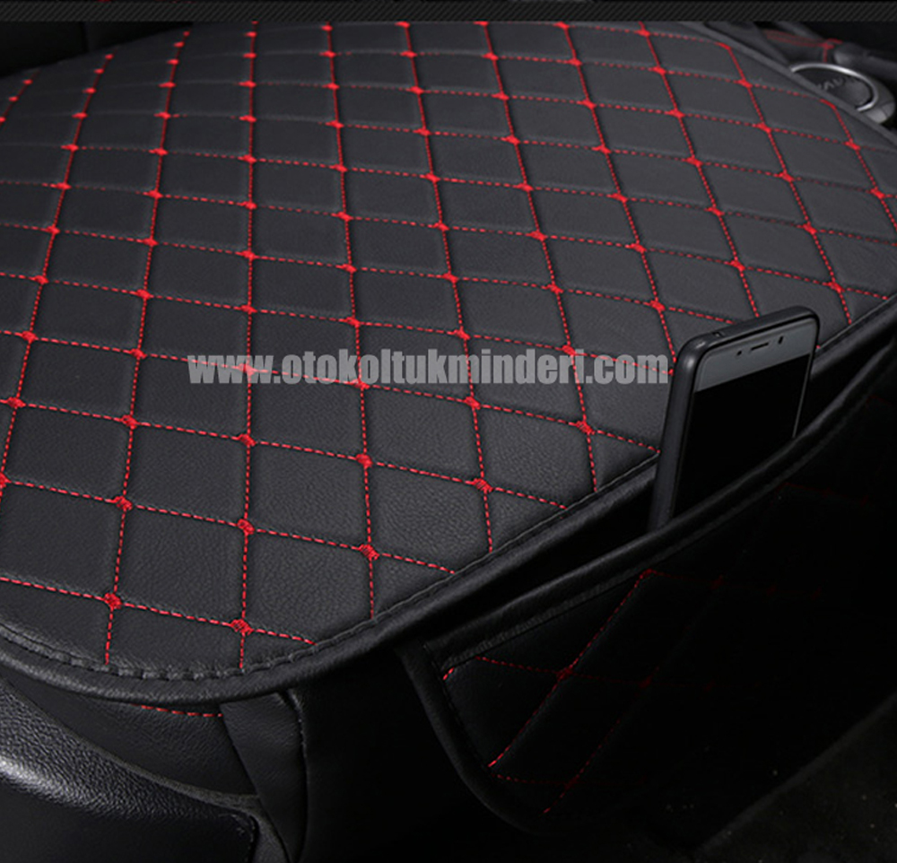 Mitsubishi oto koltuk minderi deri 1 - Mitsubishi minder 3lü Serme – Siyah Kırmızı Deri Cepli